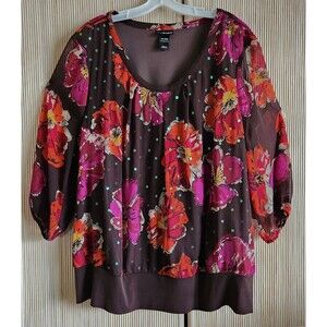 Lane Bryant Women's Blouse Size 26/28W Brown Floral Pullover Flattering Bling
